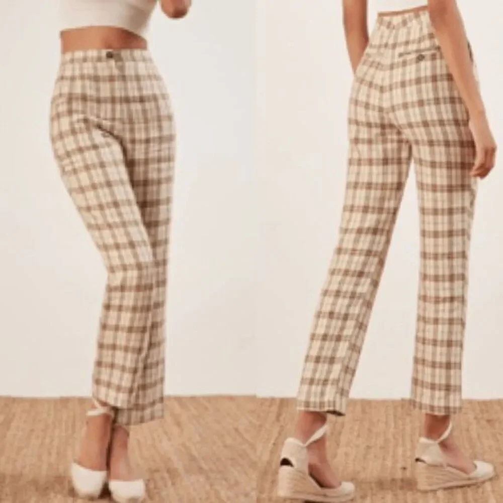 Reformation Verano Beige Plaid Cropped High Waisted Pants Women's Size 2